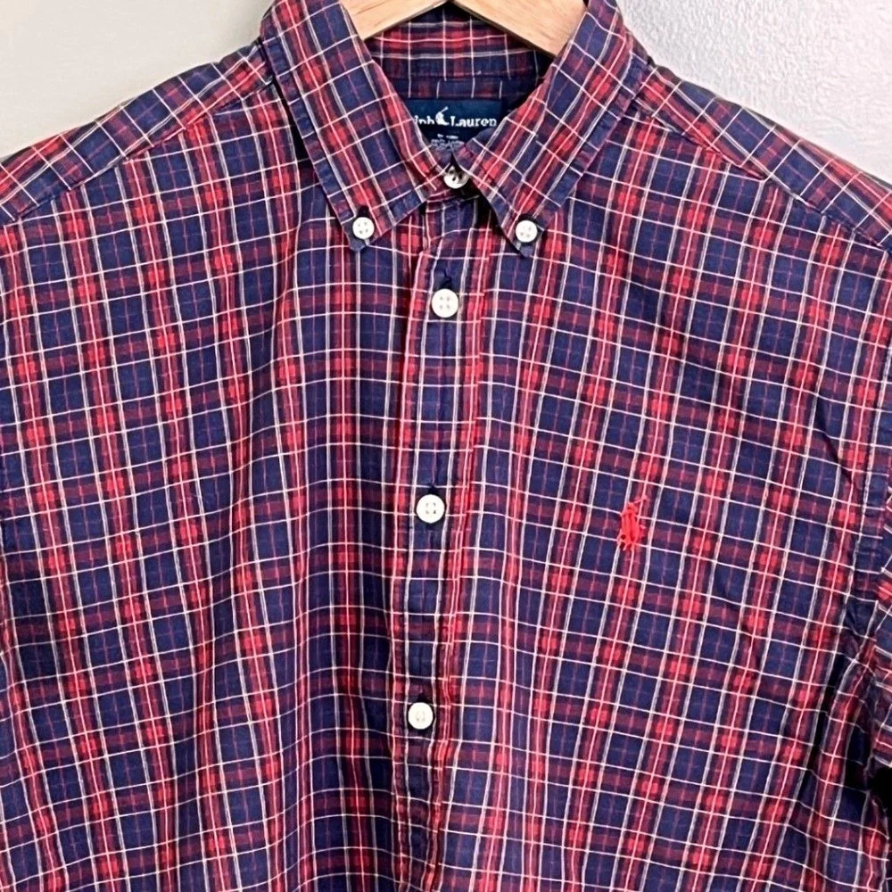 Ralph‎ Lauren Classic Red Blue Check Button Collar Long Sleeve Shirt Youth 16-18